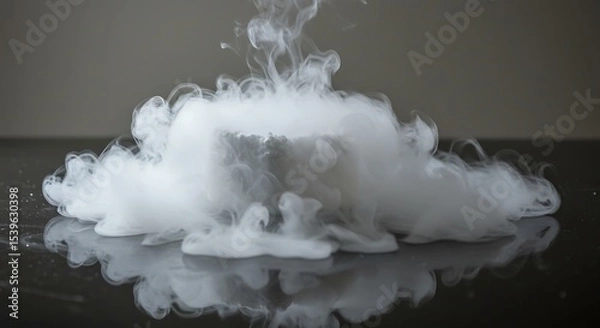 Fototapeta Mystical White Smoke Cloud Emanating from a Dark Reflective Surface in Studio