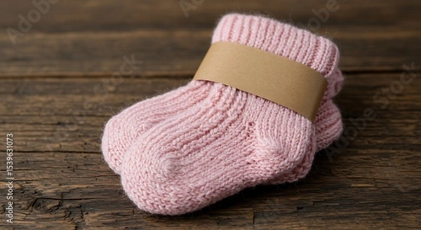 Fototapeta Soft knitted baby socks in pink on a rustic wooden background, ready for a newborn