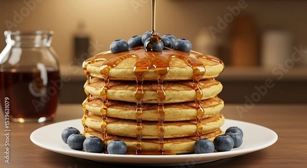 Fototapeta Stack of delicious pancakes with blueberries and syrup pouring, in a warm setting