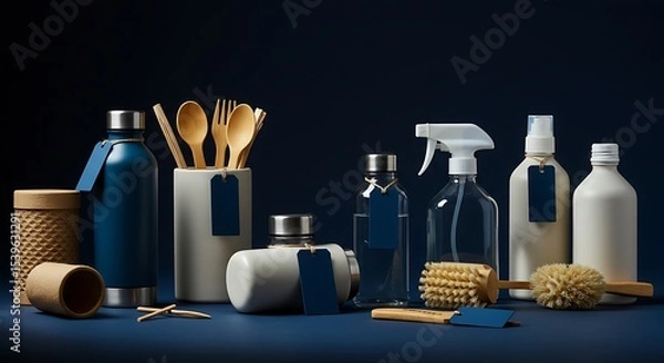 Fototapeta Sustainable household products assortment featuring reusable bottles and wooden utensils