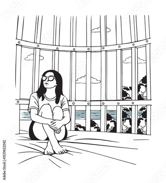 Fototapeta sketch of a lonely girl in a gazebo vector hand drawing. girl in gazebo by the ocean vector sketch