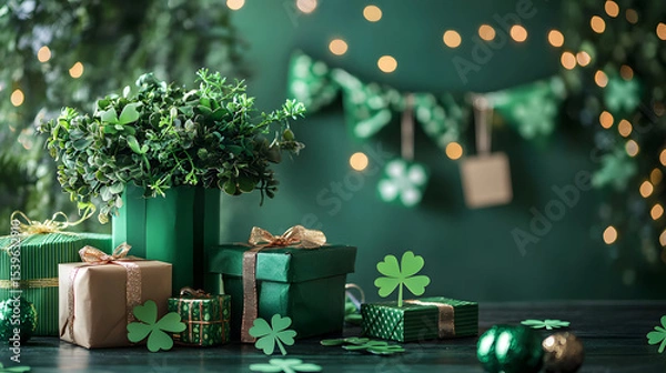 Obraz Festive green St Patrick's Day themed arrangement with gifts, shamrocks, and party decorations