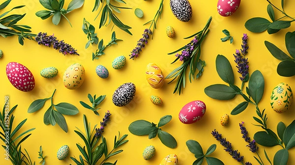 Obraz Festive yellow background featuring Easter-themed elements, including painted eggs, lavender, and foliage