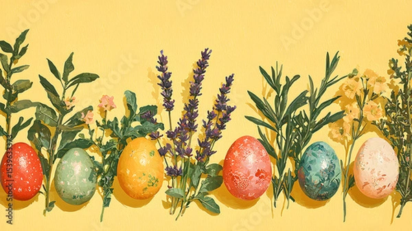 Obraz Festive yellow background featuring Easter-themed elements, including painted eggs, lavender, and foliage