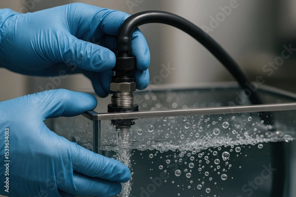 Fototapeta Gloved hands adjusting filter in aquarium with bubbles indicating water circulation