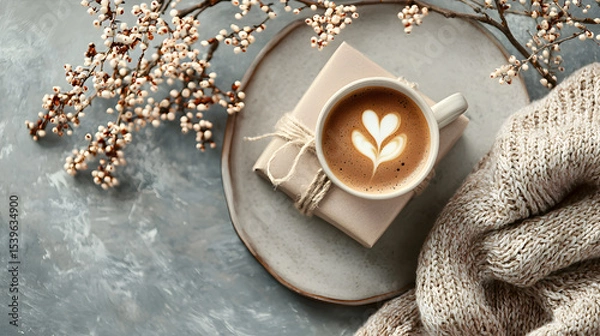Obraz Flat lay emphasizing a vertical stylized gift box, morning coffee, and casual elegance items