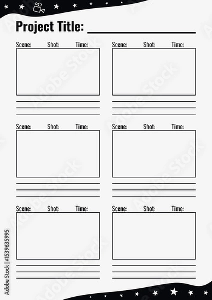 Fototapeta Professional film storyboard, includes 16:9 rectangular frames. Perfect for Filmmakers, Designers & Animators. Movie storyboard layout, ideal for scene planning. A4 size template for printing