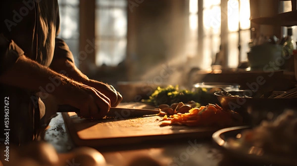 Fototapeta Person chopping vegetables in a sunlit kitchen