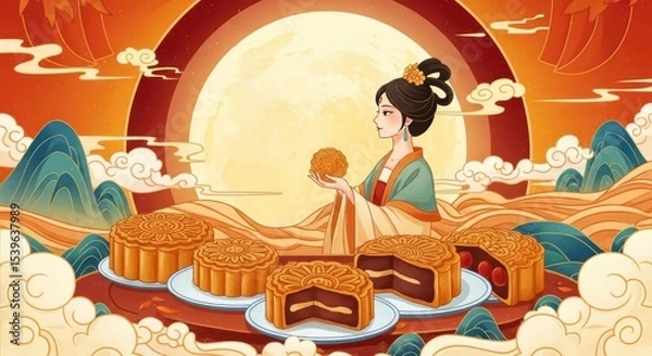 Obraz Mid-Autumn Festival scene of a woman holding a mooncake and admiring the moon