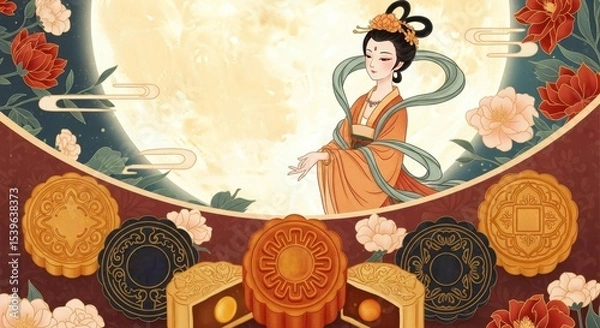 Obraz Ancient Style Chang'e and Mooncake Illustration Packaging