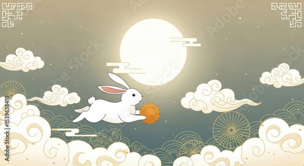 Obraz Illustration of a jade rabbit holding a mooncake and flying to the moon