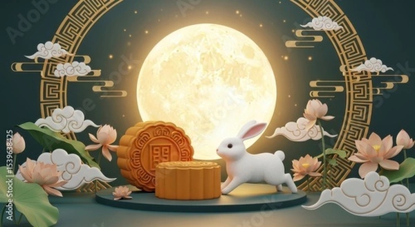 Obraz 3D Chinese style full moon and jade rabbit mooncake illustration