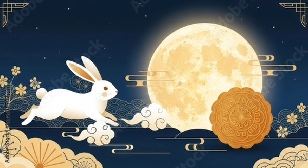 Obraz Mid-Autumn Jade Rabbit and Full Moon Cake Illustration