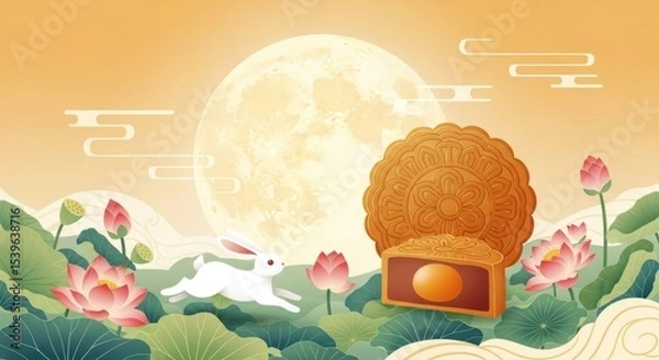 Obraz Illustration of the full moon in the Mid-Autumn Festival and the Jade Rabbit admiring the moon