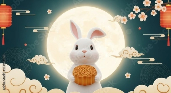 Obraz Chinese style Chinese style Mid-Autumn Festival rabbit holding mooncakes and the full moon