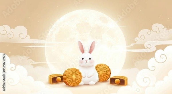 Obraz Mid-Autumn Festival illustration of a jade rabbit holding mooncakes under the full moon
