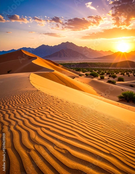 Obraz Desert Sand Dune at Sunset with Mountain Background.desert, horizon, wilderness, geology, sunlight, arid, dune, terrain, nature, sunset, landscape, mountain, travel, calmness, explore, gold, panorama,