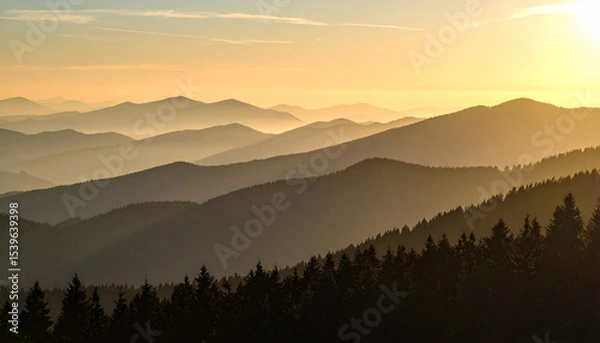 Obraz Misty Mountain Layers at Sunset with Desaturated Tones.artwork, calm, colourful, dramatic, emotion, feeling, graphic, image, layer, majestic, misty, mood, panorama, peaceful, photo, picture, ray, 
