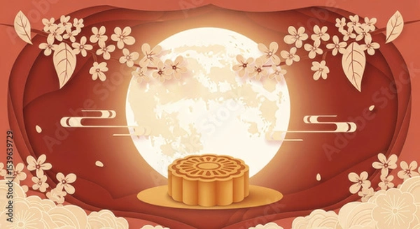 Obraz Mid-Autumn Festival themed mooncakes and full moon illustrations