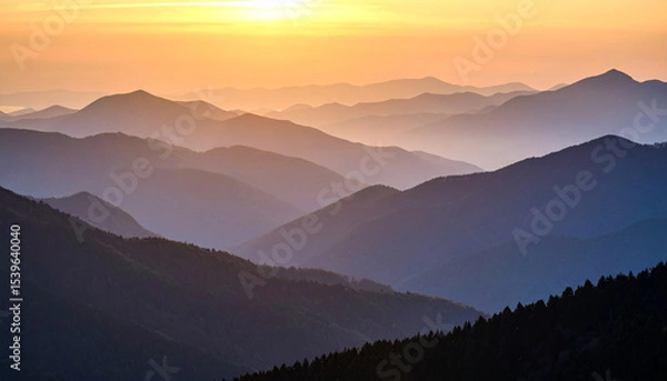 Obraz Misty Mountain Layers at Sunset with Desaturated Tones.artwork, calm, colourful, dramatic, emotion, feeling, graphic, image, layer, majestic, misty, mood, panorama, peaceful, photo, picture, ray, 
