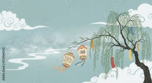 Obraz Chinese traditional lanterns are hung on the branches of willow trees in the background of the Chinese Valentine's Day