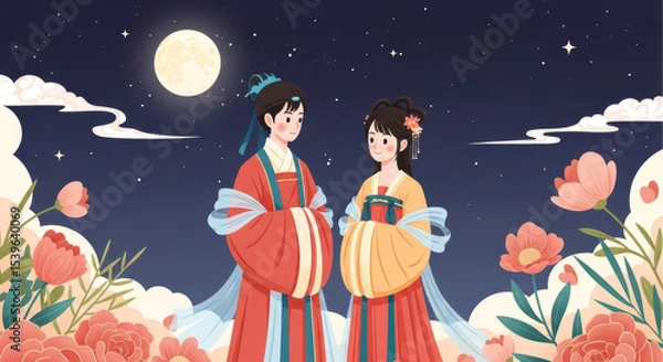 Obraz Couple standing opposite each other in front of the moonlight night flower
