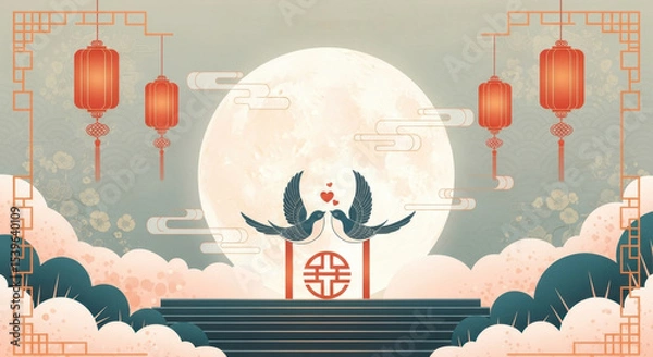 Obraz Chinese Style Double Swallow with Moon Picture
