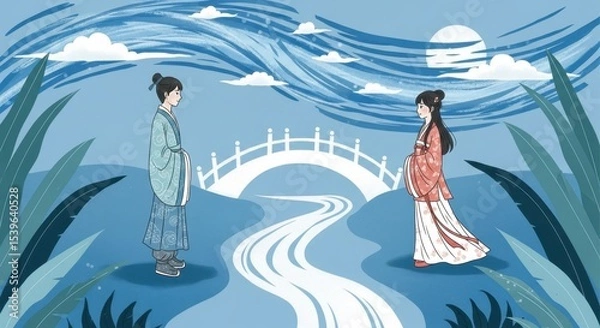Obraz The Cowherd and the Weaver Girl who meet on a romantic Chinese Valentine's Day