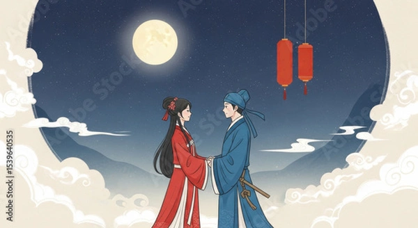 Obraz Romantic scene on a moonlit night by a pavilion of ancient men and women on Chinese Valentine's Day
