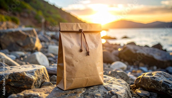 Obraz Kraft Paper Sachet Bag on Rocky Surface at Sunrise.photo, advertising, commercial, graphic, image, marketing, material, minimal, product, ray, sunrise, sustainable, visual, beige, branding, 