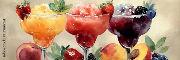 Obraz Vector illustration of a set of glasses with summer cocktails, watercolor on a white background. Banner	