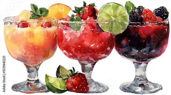 Obraz Vector illustration of a set of glasses with summer cocktails, watercolor on a white background	
