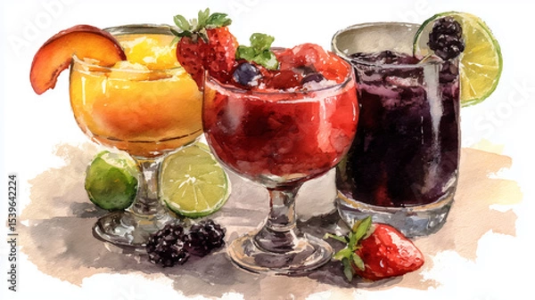 Obraz Vector illustration of a set of glasses with summer cocktails, watercolor on a white background	
