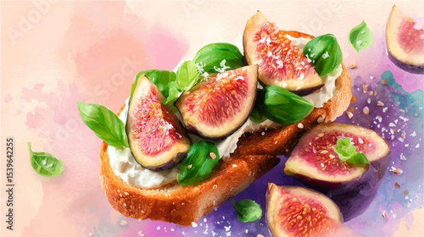 Obraz Vector illustration of bruschetta with figs, watercolor on pink background