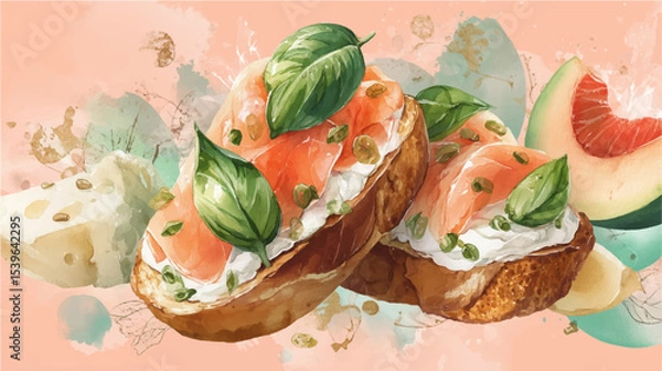 Obraz Vector illustration of bruschetta with salmon, watercolor on pink background