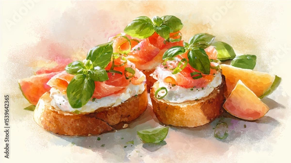 Obraz Vector illustration of bruschetta with salmon, watercolor on pink background