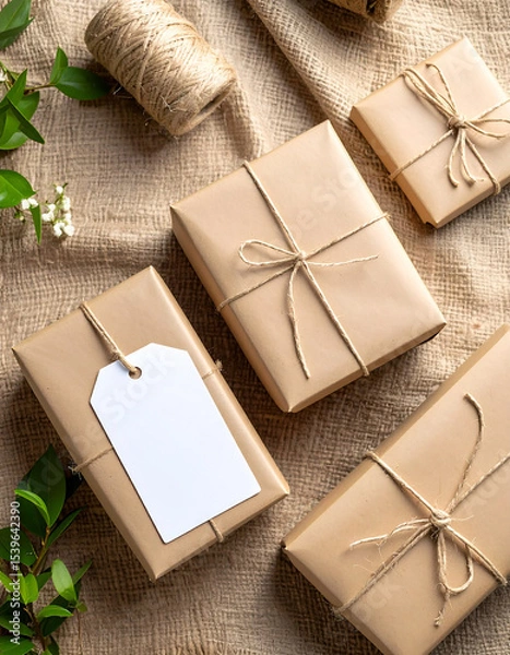 Obraz Kraft Paper Gift Box with Blank Label on Burlap Background.photo, commercial, eco, elegant, graphic, image, label, marketing, minimal, present, ribbon, sustainable, warm, branding,