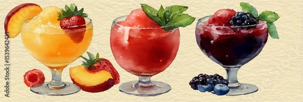 Obraz Vector illustration of a set of glasses with summer cocktails, watercolor on a white background. Banner	