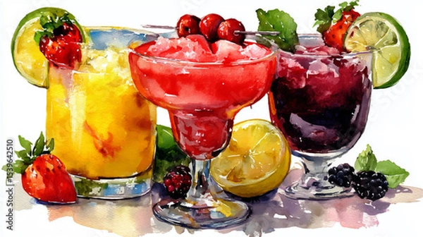 Obraz Vector illustration of a set of glasses with summer cocktails, watercolor on a white background	