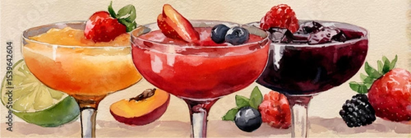 Obraz Vector illustration of a set of glasses with summer cocktails, watercolor on a white background. Banner	