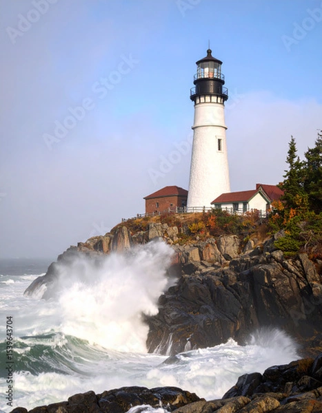Obraz Lonely Lighthouse on a Cliff in Foggy Ocean.cliff, coastline, lighthouse, ocean, rock, white, nature, sky, coast, landscape, calmness, dawn, england, exploration, fog, guidance, horizon, lonely, 