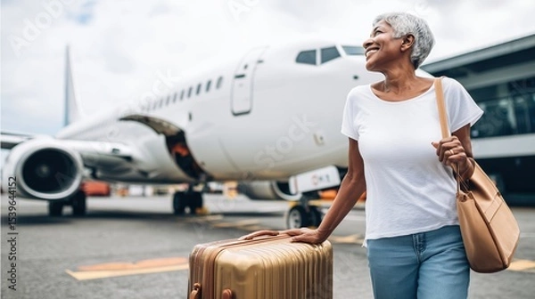 Obraz Confident elderly Black woman with short hair stands smiling by airplane steps on the runway,