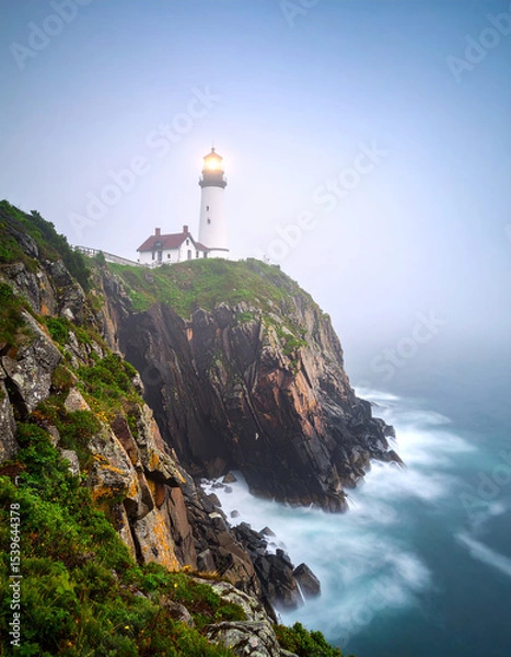 Obraz Lonely Lighthouse on a Cliff in Foggy Ocean.cliff, coastline, lighthouse, ocean, rock, white, nature, sky, coast, landscape, calmness, dawn, england, exploration, fog, guidance, horizon, lonely, 