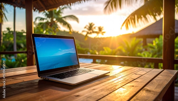 Obraz Laptop on Wooden Desk in Tropical Sunlight.concepts, desk, horizontal, indoors, internet, laptop, photography, working, computer monitor, copy space, office, business, business person, communication, 