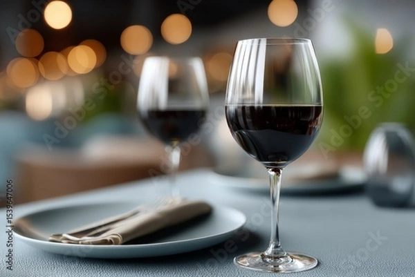 Fototapeta Elegant restaurant setting with two glasses of red wine and soft ambient lighting