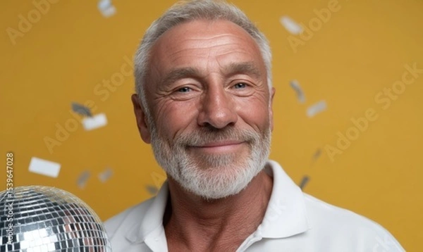 Fototapeta Elderly caucasian male with beard holding disco ball in celebratory scene with confetti