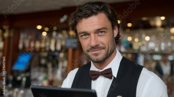 Fototapeta Caucasian male bartender in formal attire standing in a bar