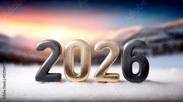 Fototapeta Frosty 2026 digits in snowy winter landscape at sunrise
