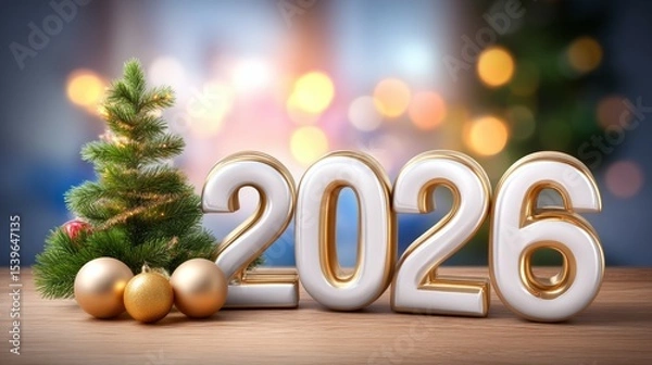 Fototapeta Festive new year 2026 celebration with pine tree and golden ornaments