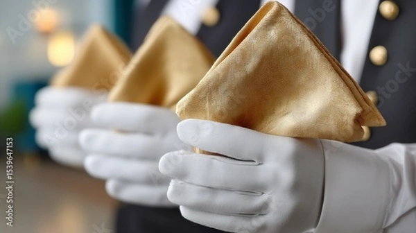 Fototapeta Close-up of waitstaff holding elegant gold napkins in white gloves